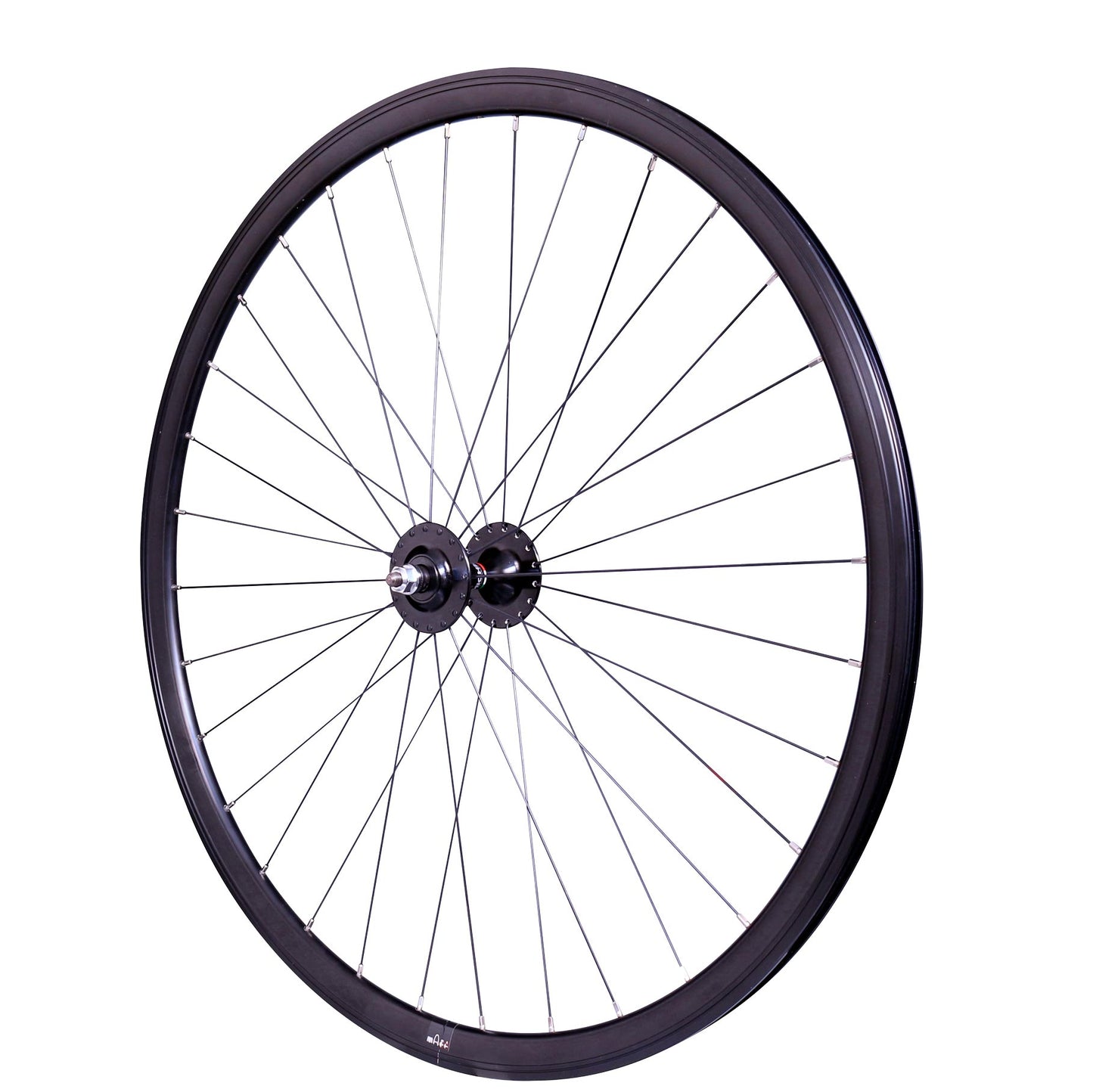 ROUE FIXIE 700 AV ECROU AXE PLEIN JANTE NOIR MACH1 550. MOYEU NOIR 32T