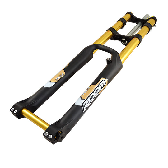 FOURCHE VTT 26" ZOOM NOIR/OR 1"1/8 AHEAD SET REGLABLE DH DEB. 180MM ALU DISQUE AXE 20