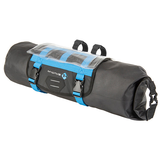 SACOCHE VELO CINTRE GRAVEL M WAVE 100 % WATERPROOF NOIR/BLEU VOLUME 10L (590X230MM)