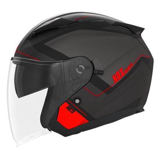 CASQUE JET DOUBLE ECRAN NOX N129 TRIOM NOIR MAT/ROUGE T53-54 XS