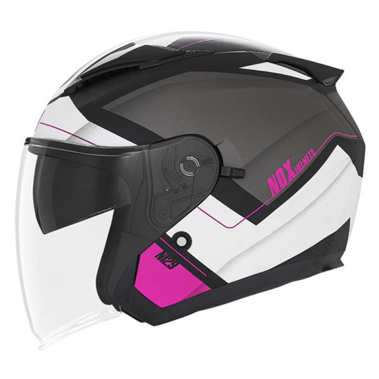 CASQUE JET DOUBLE ECRAN NOX N129 TRIOM NOIR MAT/ROSE T53-54 XS
