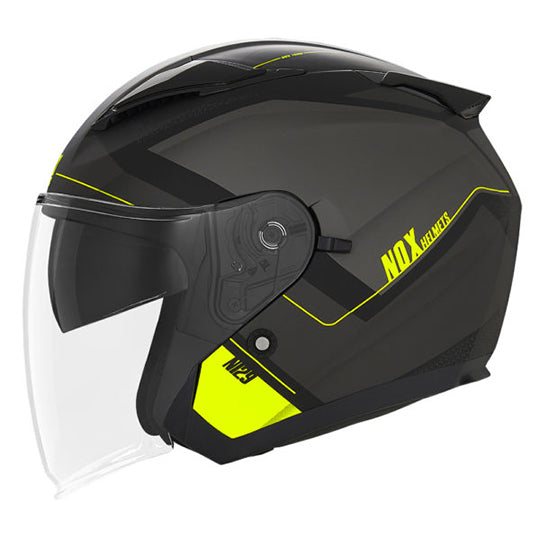 CASQUE JET DOUBLE ECRAN NOX N129 TRIOM NOIR MAT/JAUNE FLUO T53-54 XS