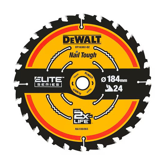 LAME DE SCIE CIRCULAIRE SANS FIL CARBURE ELITE DEWALT, 184X20MM, 24 DENTS, ATB/TRONÇONNAGE