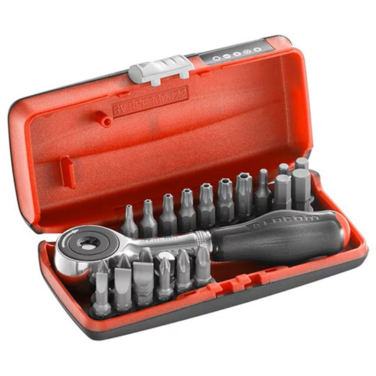 COFFRET PORTE EMBOUT À CLIQUET MANCHE ROTATIF + 22 EMBOUTS DE VISSAGEFACOM