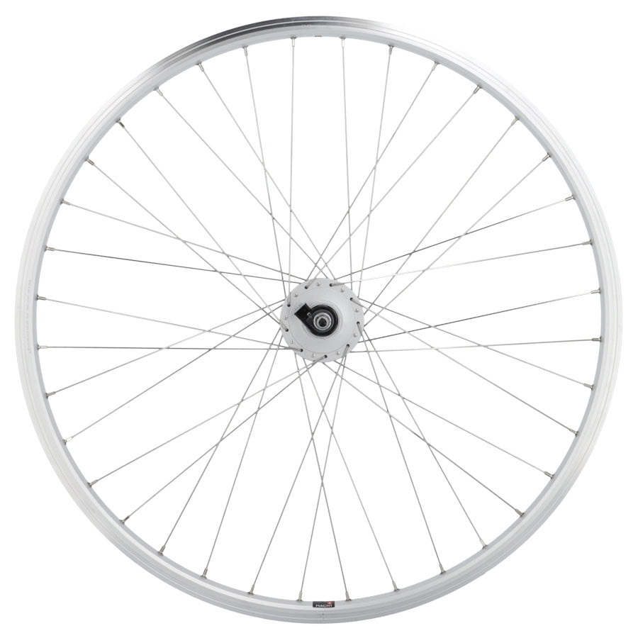 ROUE VTC 28" AV ECROU AXE PLEIN JANTE ARGENT MACH1 M260 MOYEU SHIMANO DYNAMO DH-C3000 6V/2