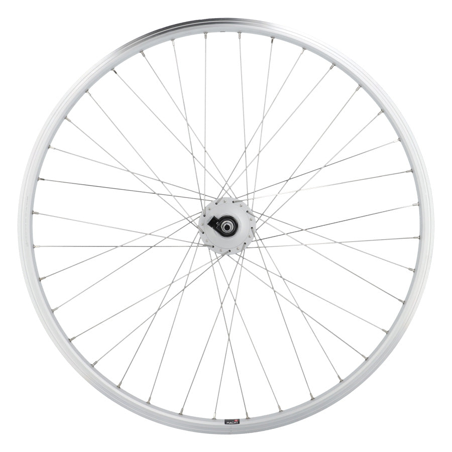 ROUE VTC 28" AV ECROU AXE PLEIN JANTE ARGENT MACH1 M260 MOYEU SHIMANO DYNAMO DH-C3000 6V/3
