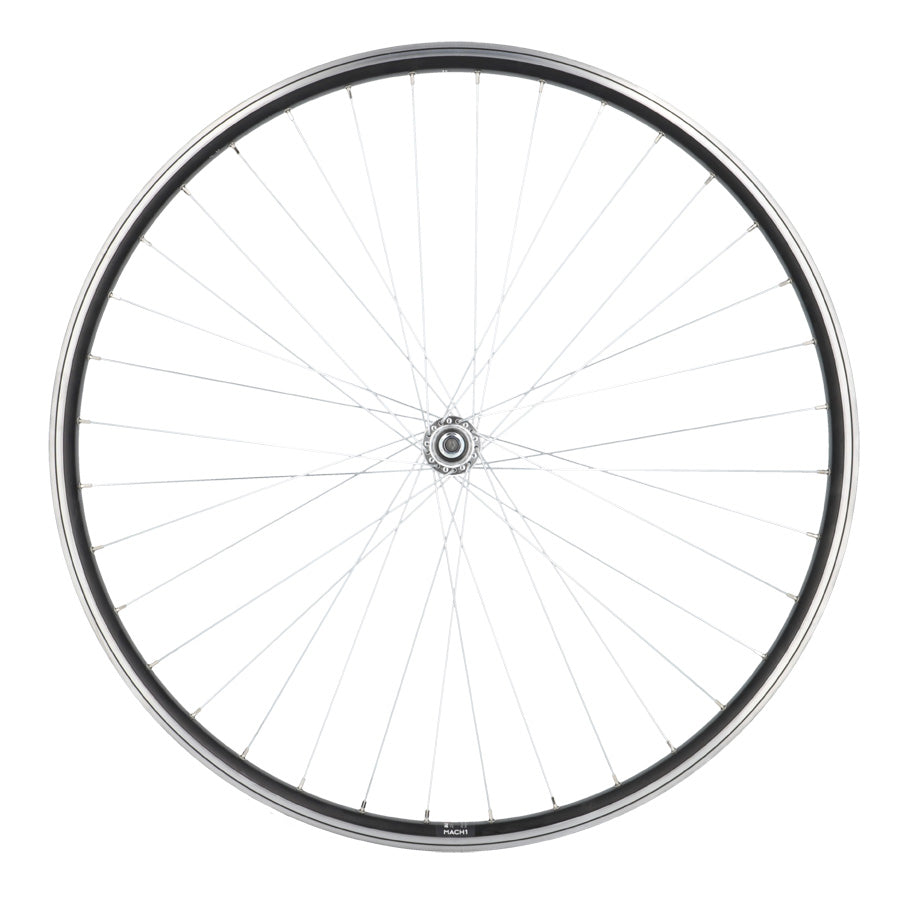 ROUE VTC 28" AV ECROU AXE PLEIN JANTE ALU NOIR MACH1 M840 MOY. VELOX URBAN V-BRAKE 36T