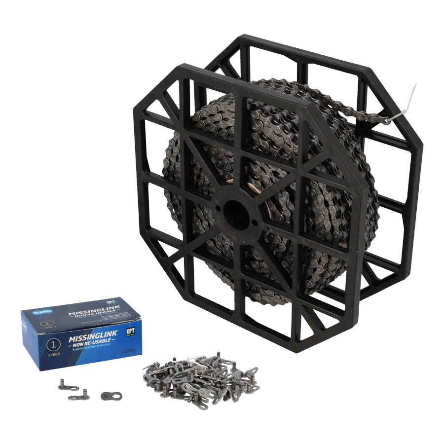 CHAINE VELO 1V. KMC E1 EPT ARGENT (ROULEAU ATELIER 50 METRES + 40 ATTACHES RAPIDES)