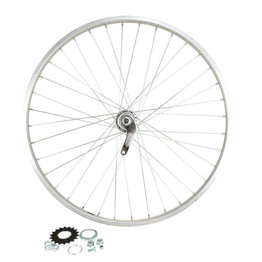 ROUE VELO URBAIN 26" AR ECROU. AXE PLEIN JANTE ALU MACH1. MOY. VELOSTEEL COASTER 18T RETRO