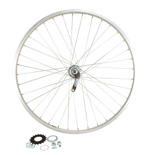 ROUE VELO URBAIN 26" AR ECROU. AXE PLEIN JANTE ALU MACH1. MOY. VELOSTEEL COASTER 18T RETRO
