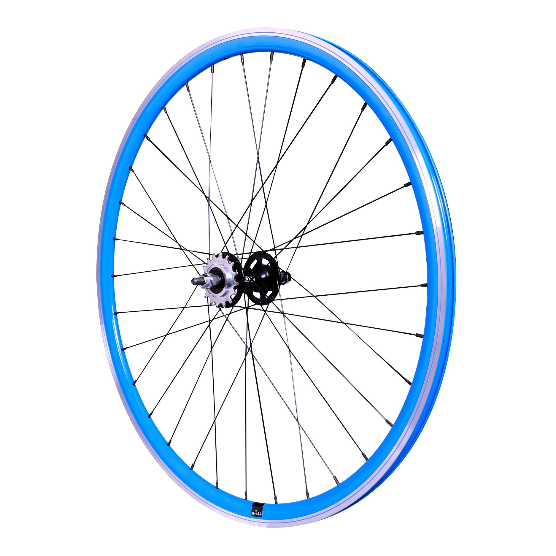 ROUE FIXIE 700 AR ECROU AXE PLEIN JANTE BLEU MACH1 430. MOYEU NOIR FLIP/FLOP 16DTS