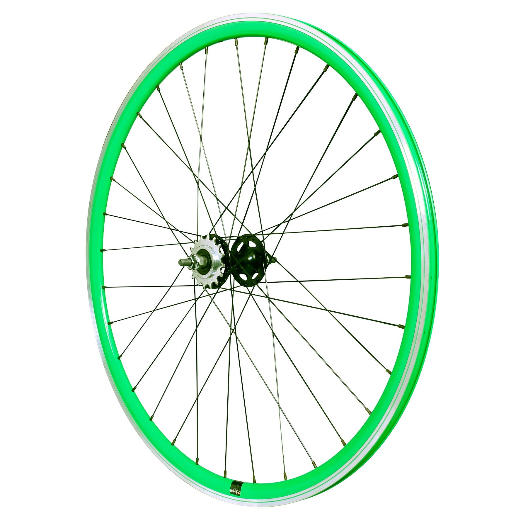ROUE FIXIE 700 AR ECROU AXE PLEIN JANTE VERT MACH1 430. MOYEU NOIR FLIP/FLOP 16DTS