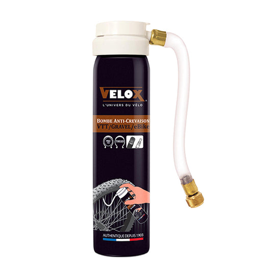 BOMBE ANTI-CREVAISON VELO VELOX 75ML ROUTE/GRAVEL/VTT/E BIKE/VAE (RACCORD FLEXIBLE VP/VS)