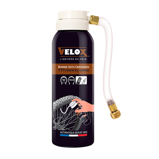 BOMBE ANTI-CREVAISON VELO VELOX 125ML GRAVEL/VTT/E BIKE/VAE (RACCORD FLEXIBLE VP/VS)