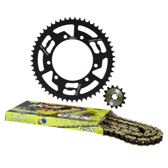 KIT CHAINE DOPPLER ALU ADAPT. DERBI/SENDA 00->/GILERA SMT/RCR/RX/SX 420 (14X53) D105 NOIR