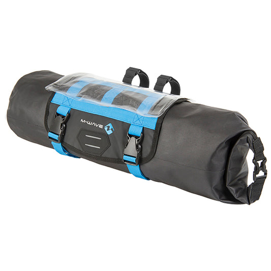 SACOCHE VELO CINTRE GRAVEL M WAVE 100 % WATERPROOF NOIR/BLEU VOLUME 10L (590X230MM)