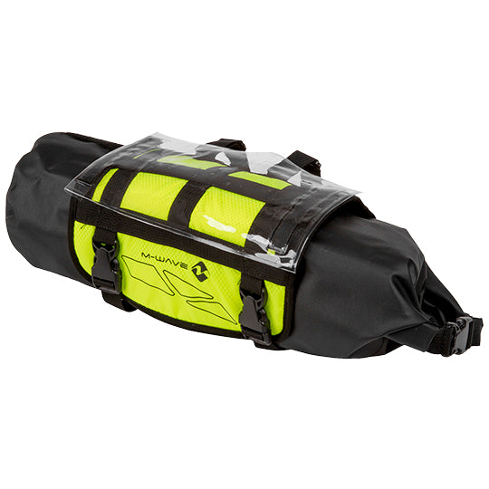 SACOCHE VELO CINTRE GRAVEL M WAVE 100 % WATERPROOF NOIR/JAUNE FLUO VOLUME 10L (590X230MM)