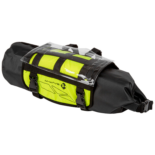 SACOCHE VELO CINTRE GRAVEL M WAVE 100 % WATERPROOF NOIR/JAUNE FLUO VOLUME 10L (590X230MM)