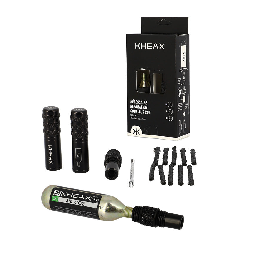 NECESSAIRE REPARATION TUBELESS KHEAX ALU NOIR AVEC EMBOUT CO2 + CARTOUCHE CO2 16GR