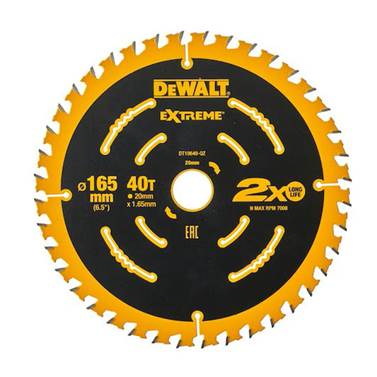 LAME DE SCIE CIRCULAIRE SANS FIL CARBURE ELITE DEWALT, 165X20MM, 40 DENTS, ATB/TRONÇONNAGE