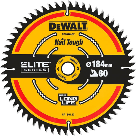 LAME DE SCIE CIRCULAIRE SANS FIL CARBURE ELITE DEWALT, 184X16MM, 60 DENTS, ATB/TRONÇONNAGE