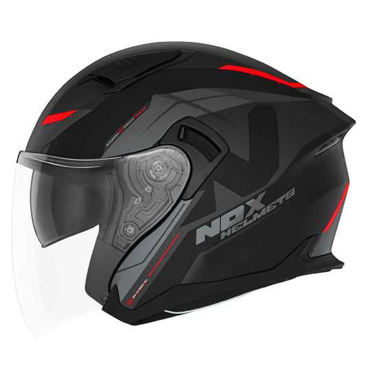 CASQUE JET DOUBLE ECRAN NOX N130 KLINT NOIR MAT ROUGE T55-56 S - CE 22.06
