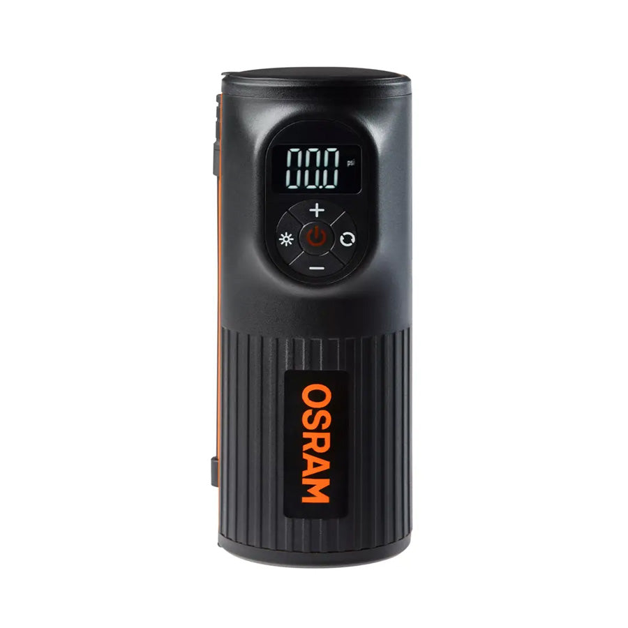 COMPRESSEUR AIR OSRAM TYRE INFLATE 2000 SUR BATTERIE CABLE USB ECRAN DIGITAL ECLAIRAGE LED