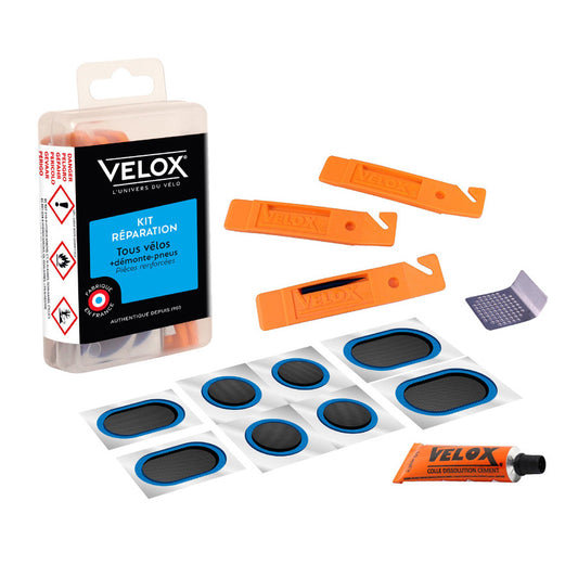 NECESSAIRE REPARATION VELOX TOUS VELOS 8 PIECES RENFORCEES + DISSOLUTION 5ML + 1 RAPE + 3