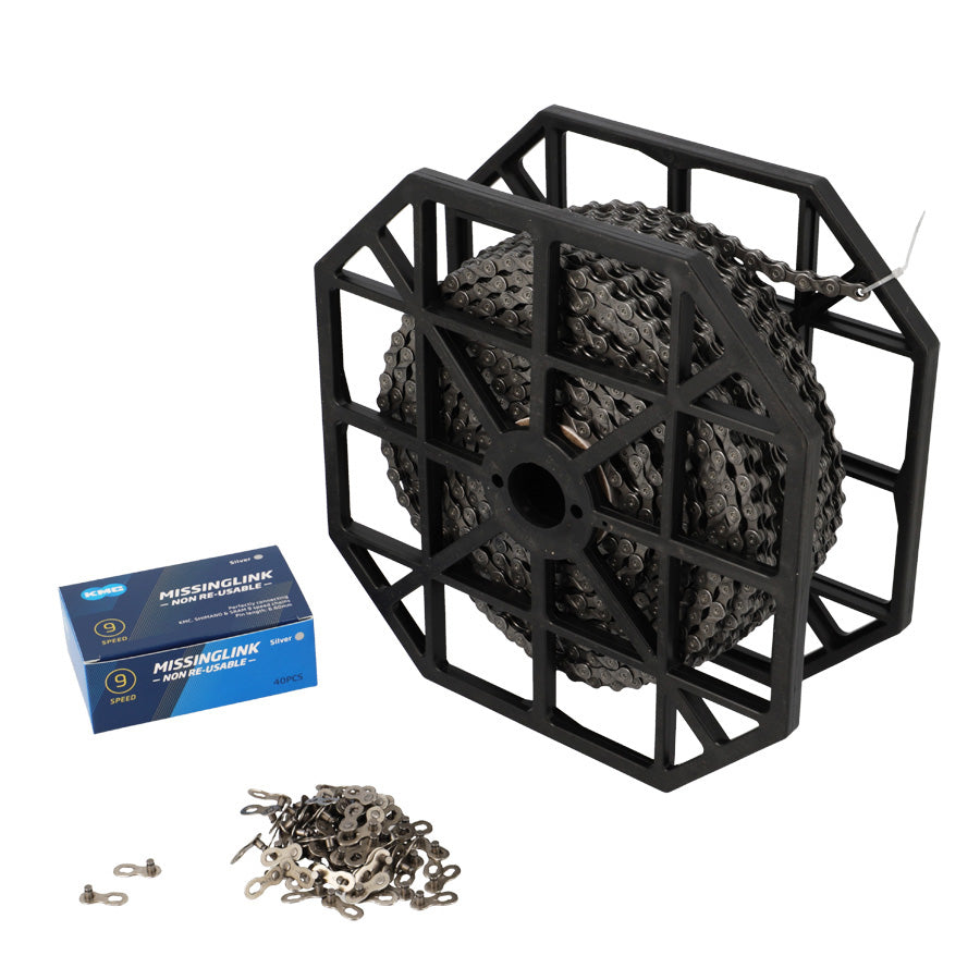 CHAINE VELO  9V. KMC E9 EPT ARGENT (ROULEAU ATELIER 50 METRES + 40 ATTACHES RAPIDES)