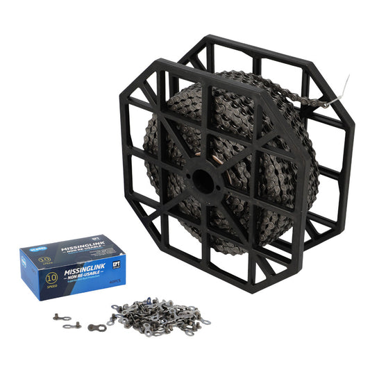 CHAINE VELO 10V. KMC X10 ARGENT/NOIR (ROULEAU ATELIER 50 METRES + 40 ATTACHES RAPIDES)